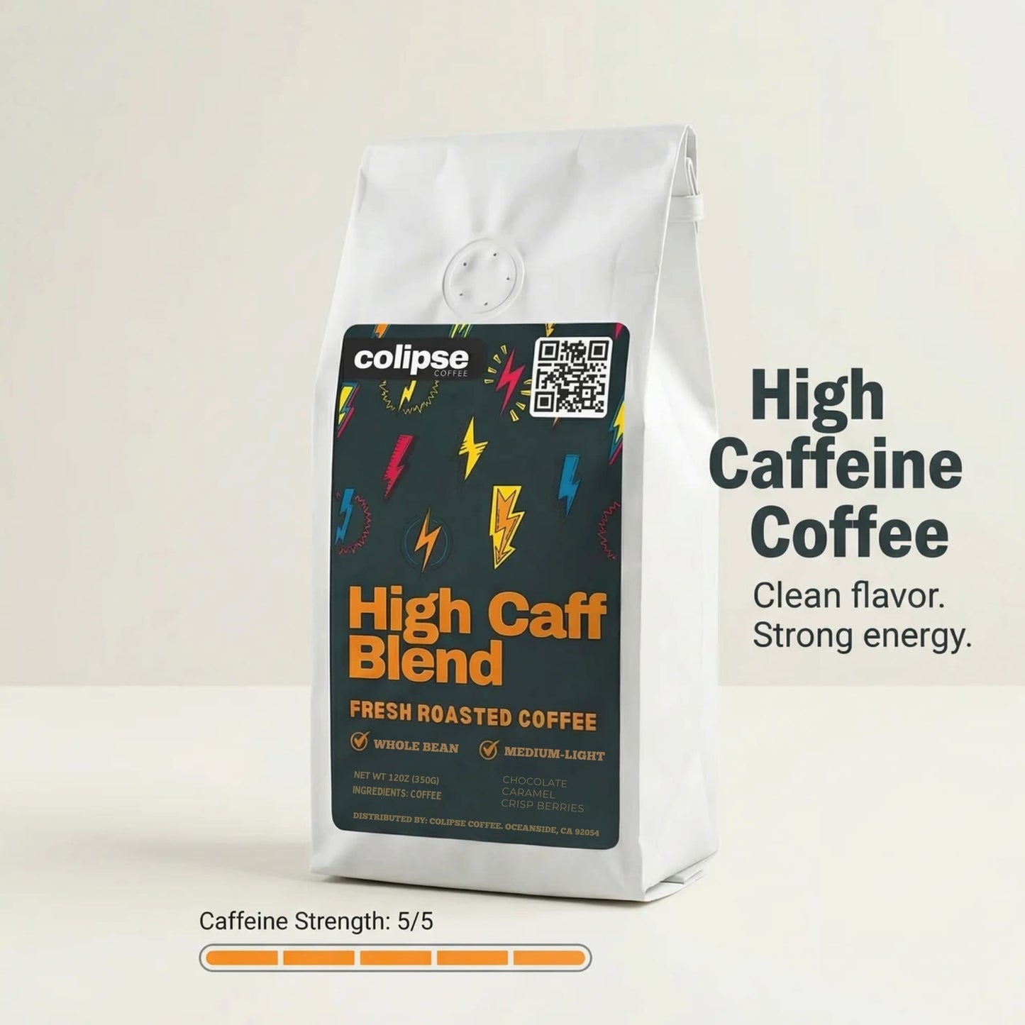 Coffee bag labeled 'High Caff Blend' with branding and product details on a light background
