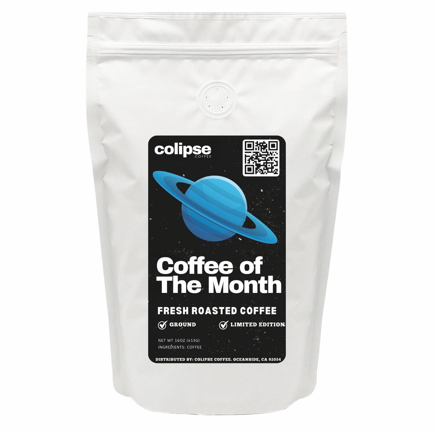 White coffee bag with a black label featuring 'colipse' and 'Coffee of the Month' text on a white background.