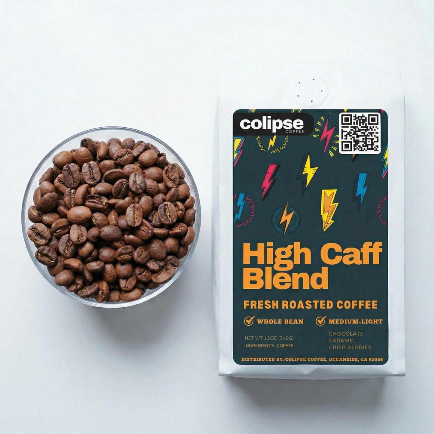 Colipse High Caff Blend coffee packaging with a bowl of light roast coffee beans on a white background