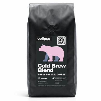 Colipse Cold Brew Blend coffee bag with bear illustration on a white background