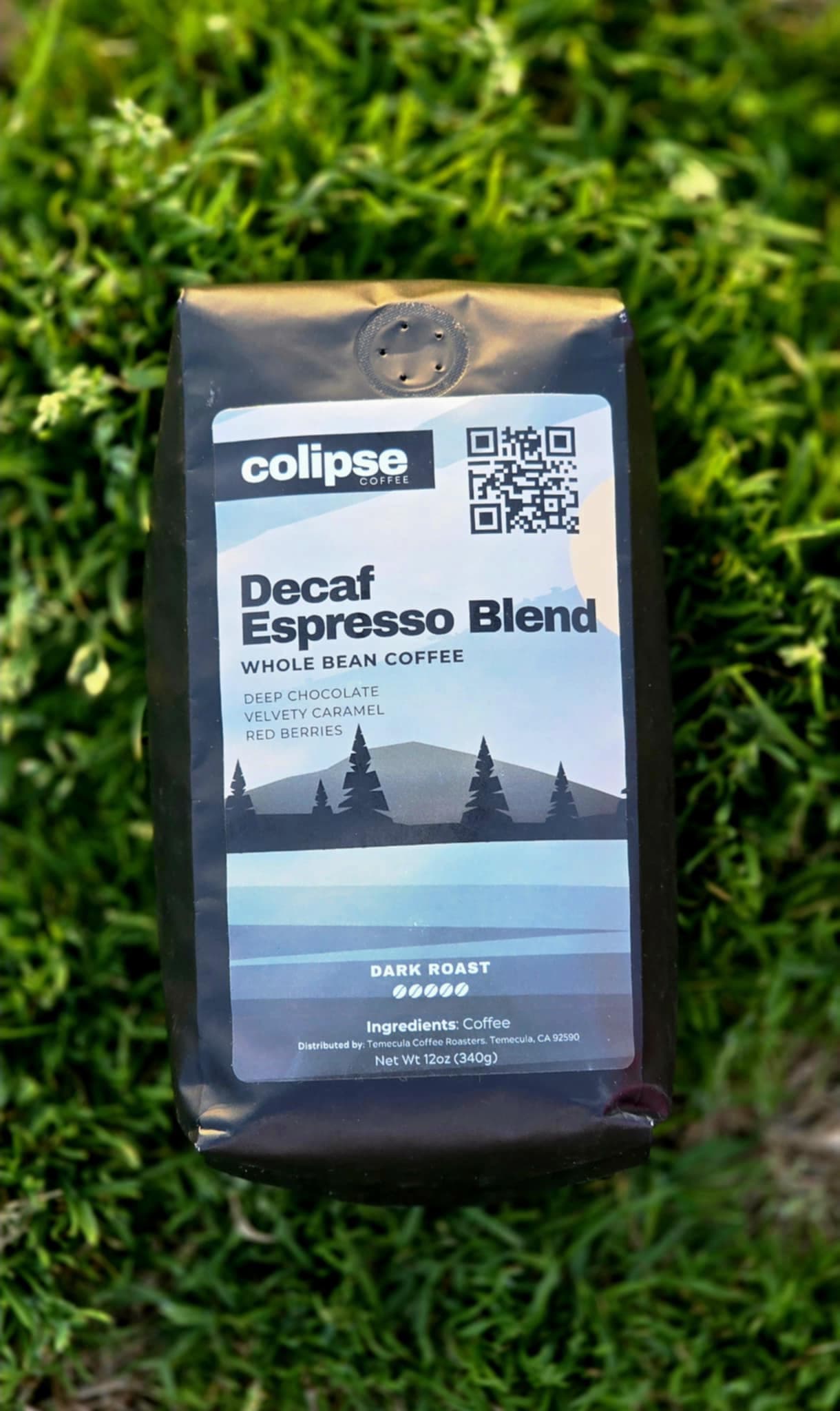 a 12 oz bag of colipse decaf espresso