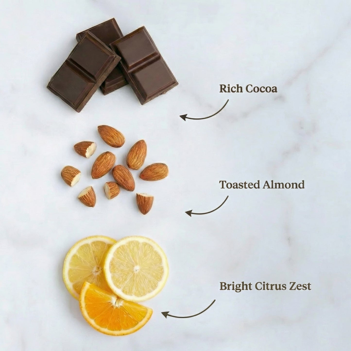 Chocolate bars, almonds, and citrus slices on a white background with text labels.