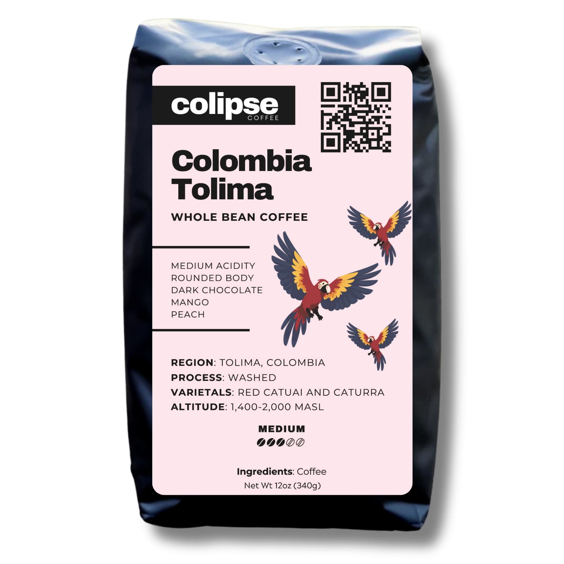 A bag of Colipse Colombia whole beans, smooth and balanced with caramel notes.