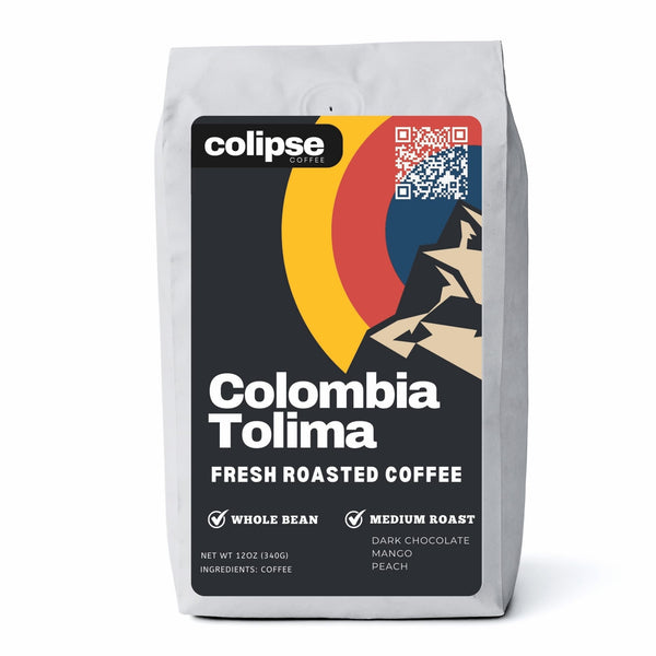 A bag of Colipse Colombia whole beans, smooth and balanced with caramel notes.