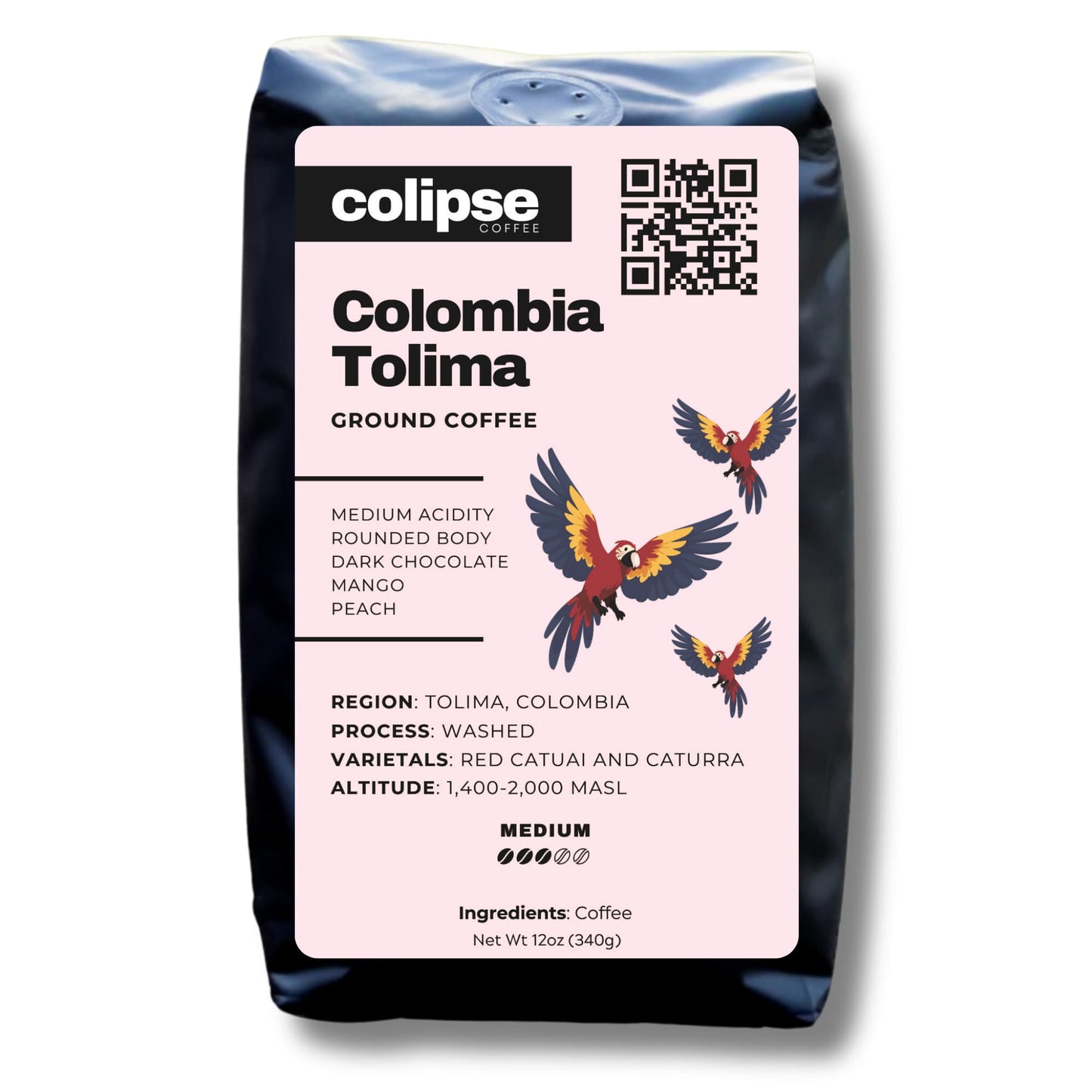 A bag of Colipse Colombia coffee grounds with balanced sweetness.