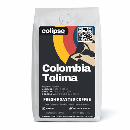 A bag of Colipse Colombia coffee grounds with balanced sweetness.