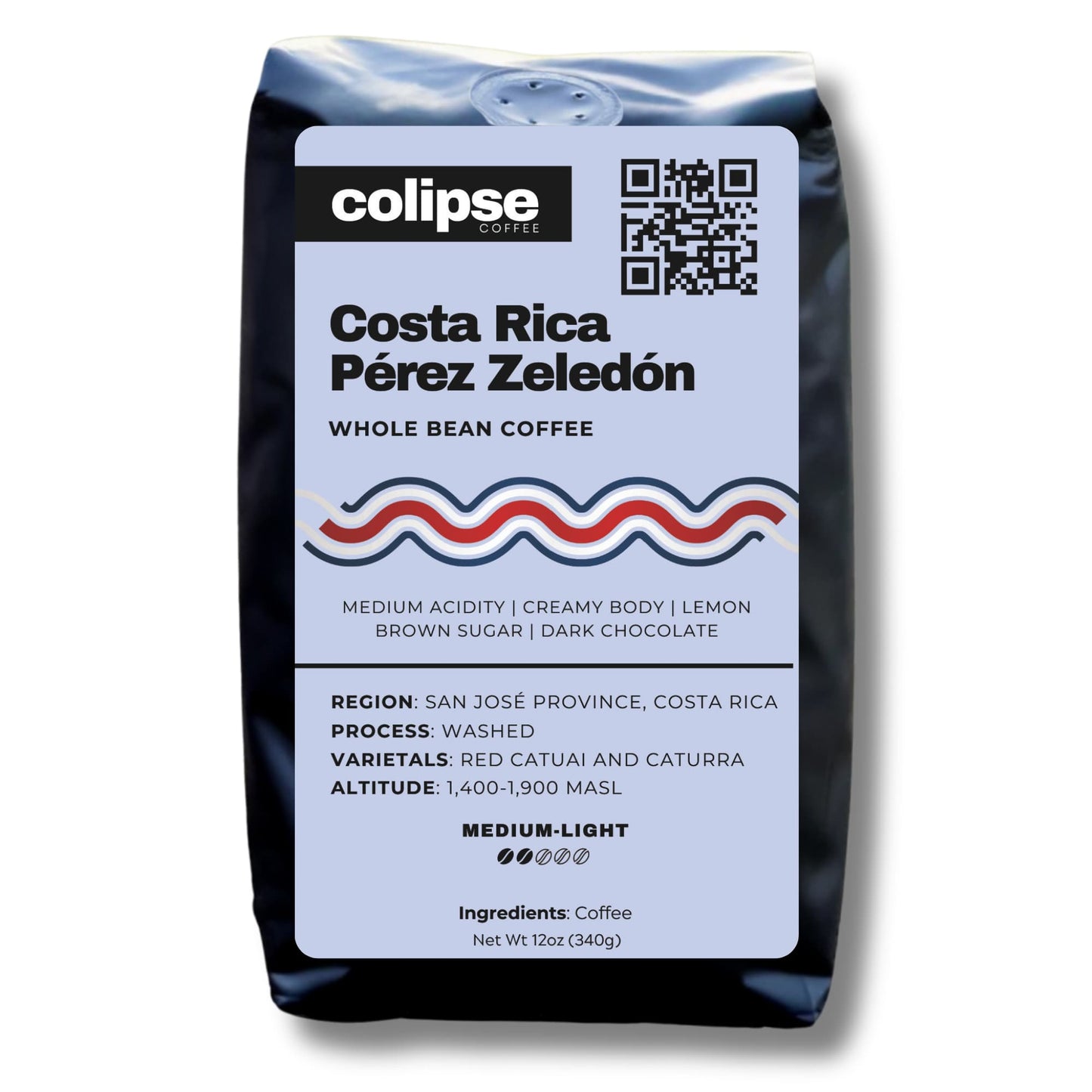 A bag of Colipse Costa Rica whole beans with bright citrus and chocolate notes.