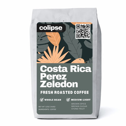A bag of Colipse Costa Rica whole beans with bright citrus and chocolate notes.