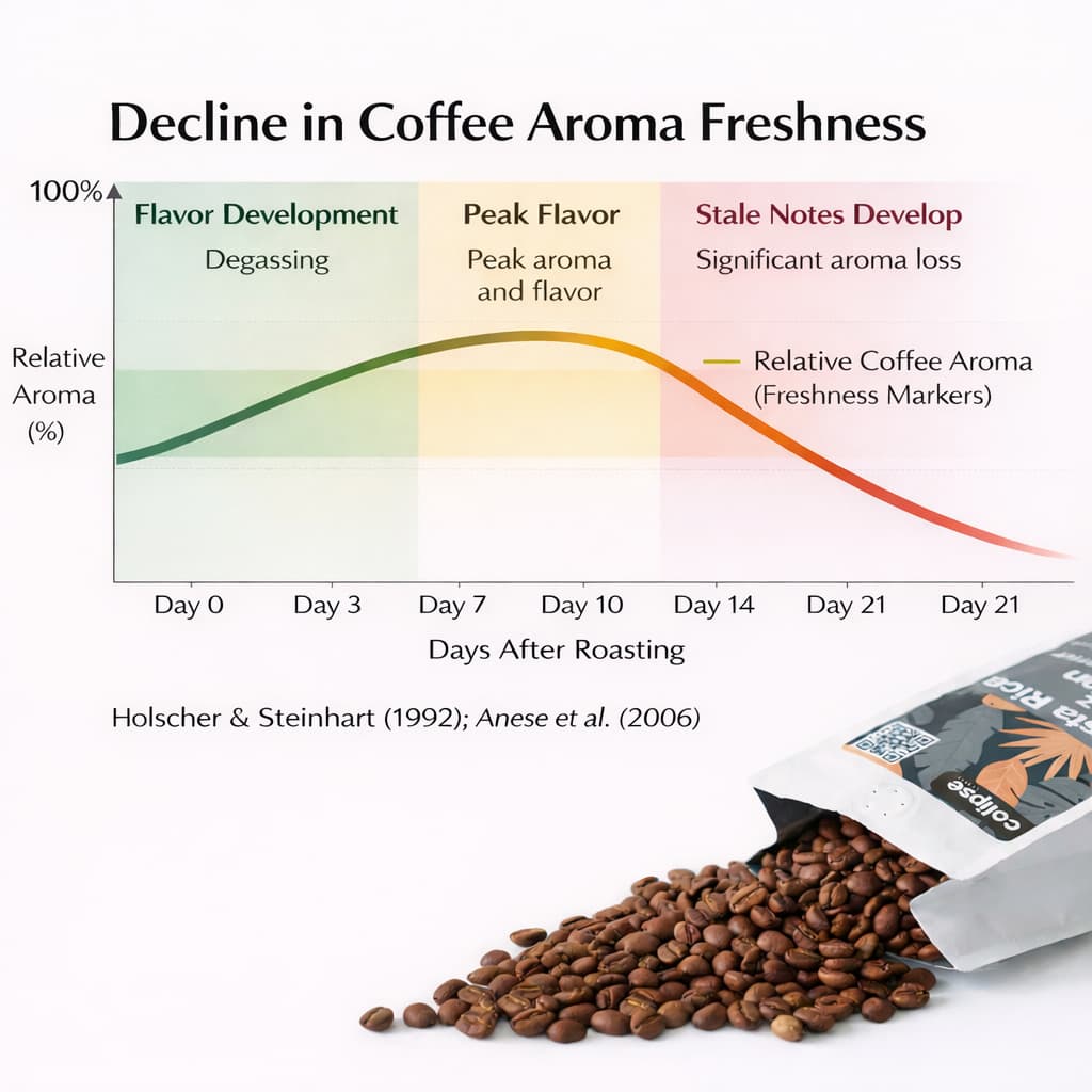 Chart showing the decline in coffee aroma freshness with a close-up of coffee beans and a bag.