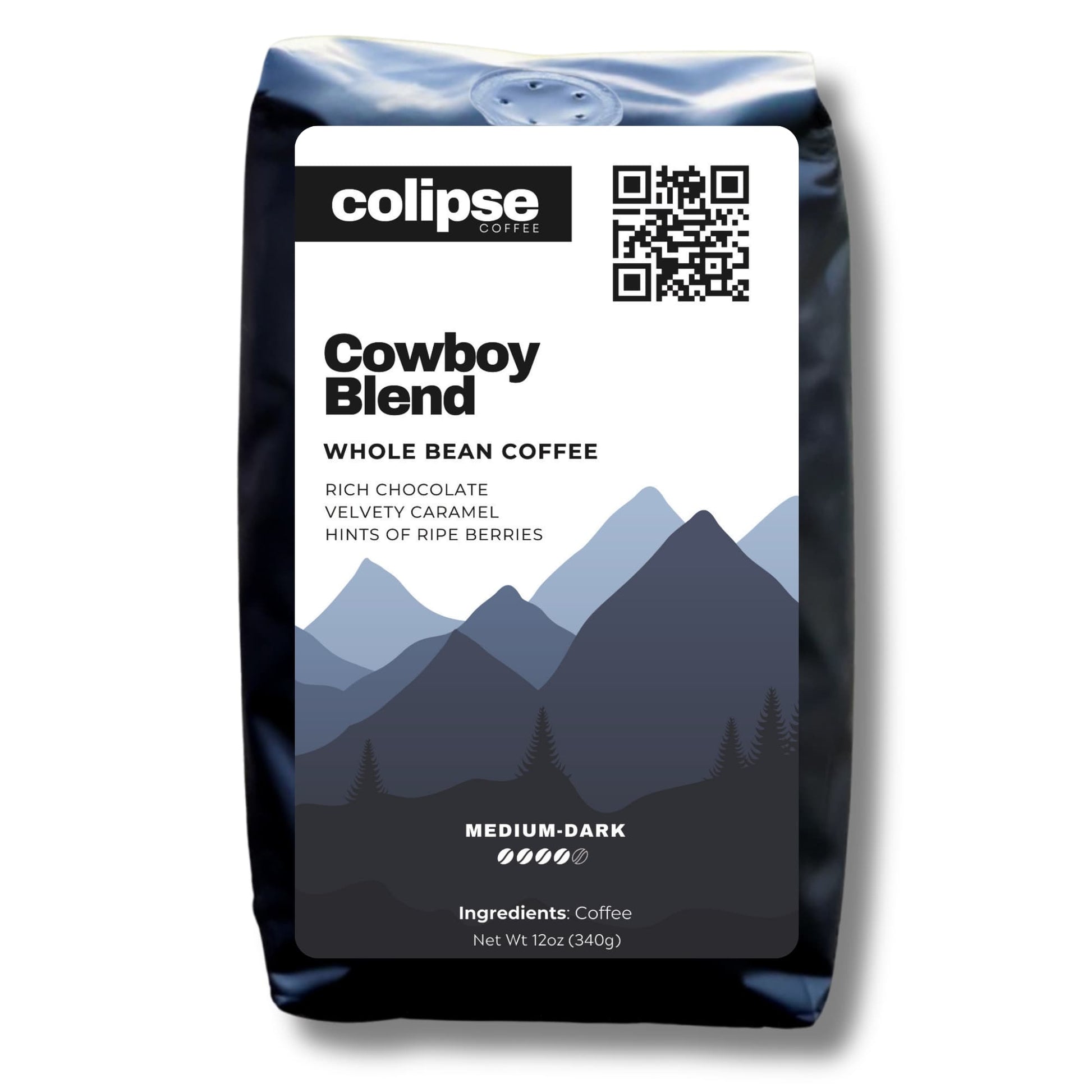 A bag of Colipse Cowboy Blend whole beans, bold and smoky.