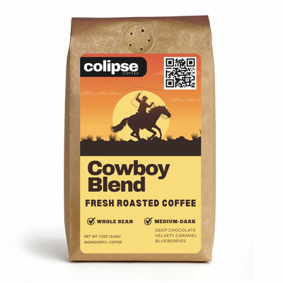 A bag of Colipse Cowboy Blend whole beans, bold and smoky.