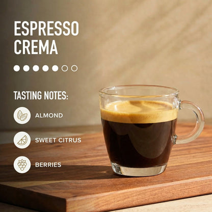 Glass cup of espresso crema with tasting notes on a wooden surface