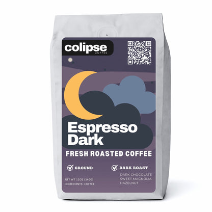 A bag of Colipse Espresso Dark fresh roasted coffee beans with a dark roast label and a QR code.