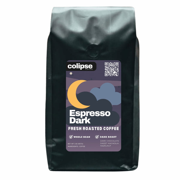 A bag of Colipse brand Espresso Dark coffee, indicating fresh roasted coffee with a QR code and dark roast designation on the packaging.