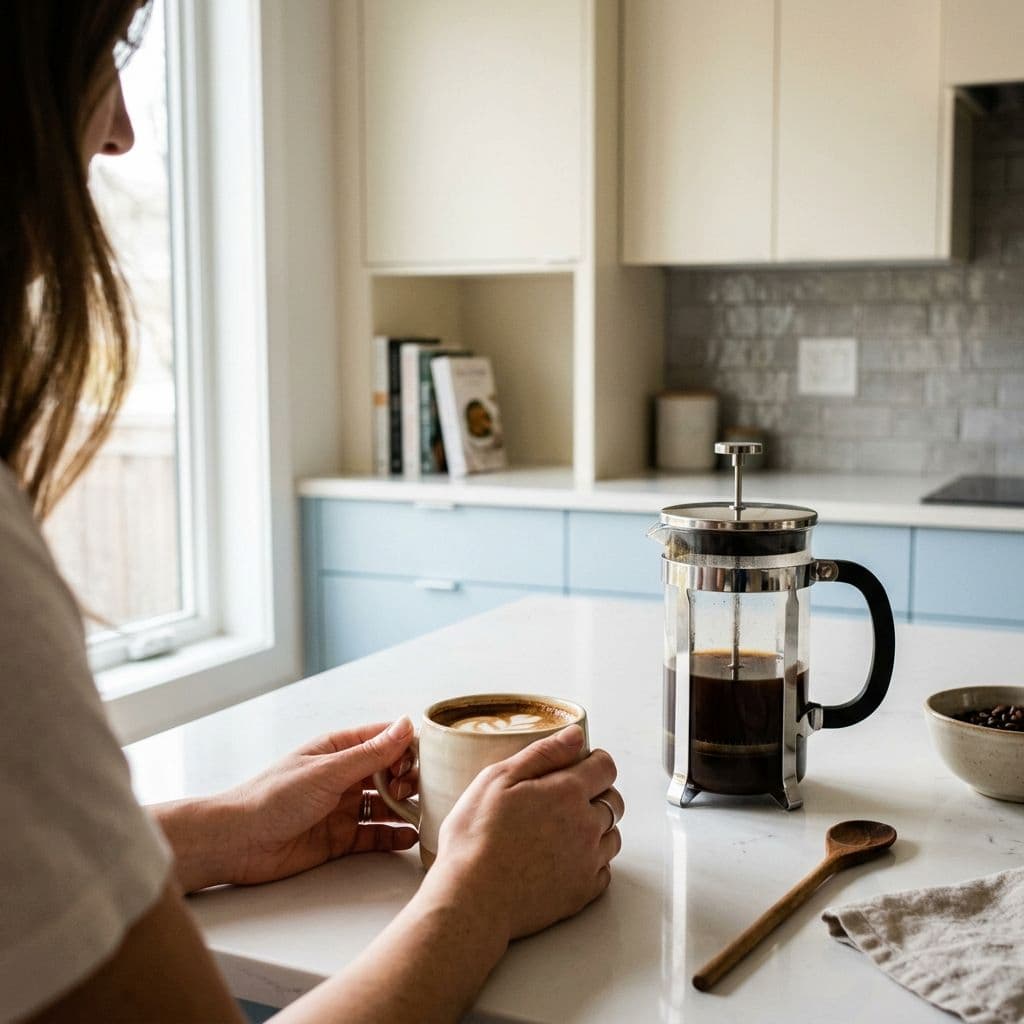 Person holding a coffee mug with a French press and spoon on a kitchen counter.