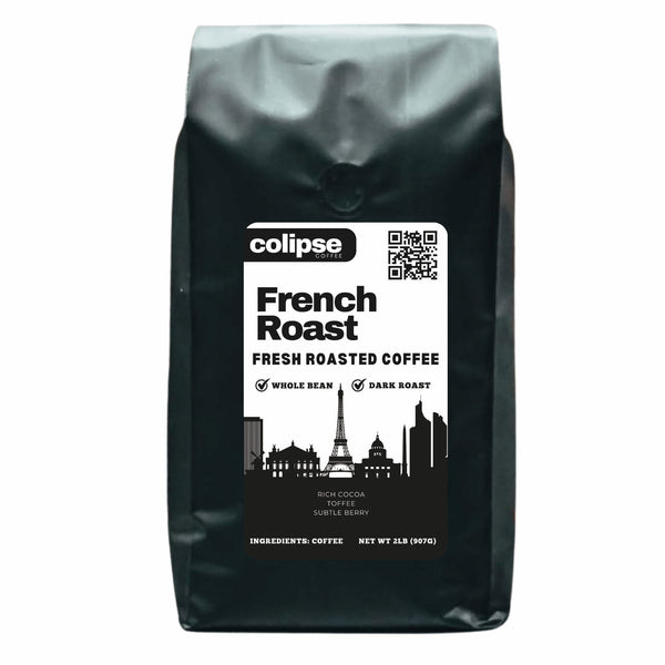 A bag of Colipse brand French roast fresh roasted coffee, 2 lb package.
