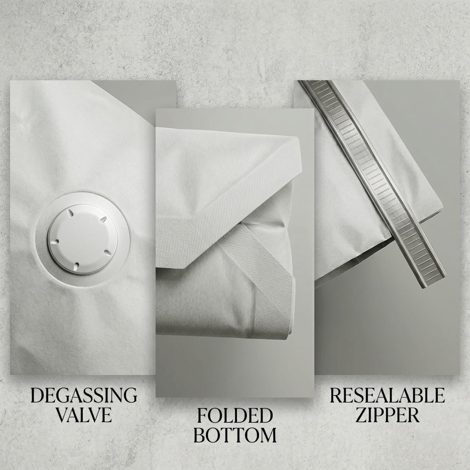 Product features with degassing valve, folded bottom, and resealable zipper on a gray background.