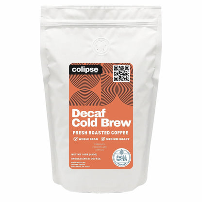 Decaf cold brew coffee package with Colipse branding on a white background