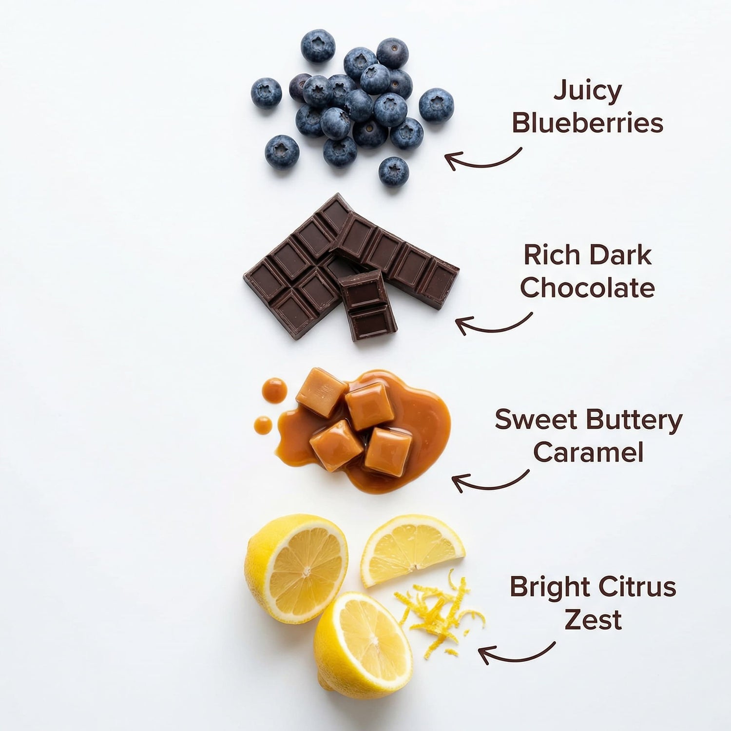 Dark chocolate, blueberries, lemon zest, and butterscotch on a light background