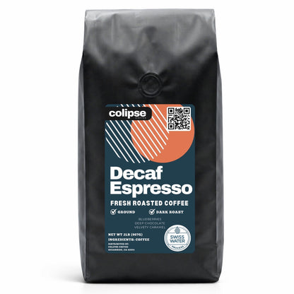Black coffee bag with black label featuring 'colipse Decaf Espresso' on a white background