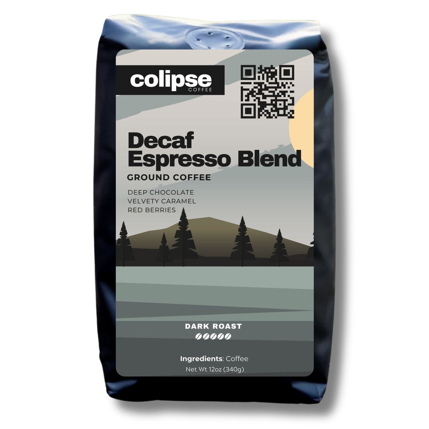 Colipse Decaf Espresso coffee grounds bag with smooth, caffeine-free espresso roast.