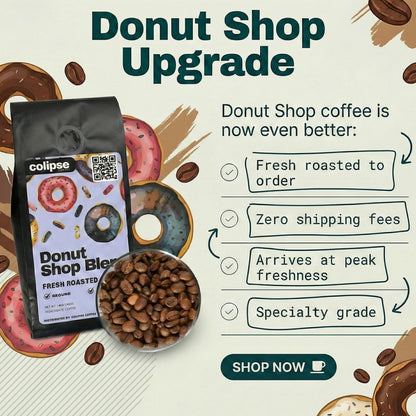Advertisement for Colipse Donut Shop Blend coffee with coffee beans and packaging on a light background.