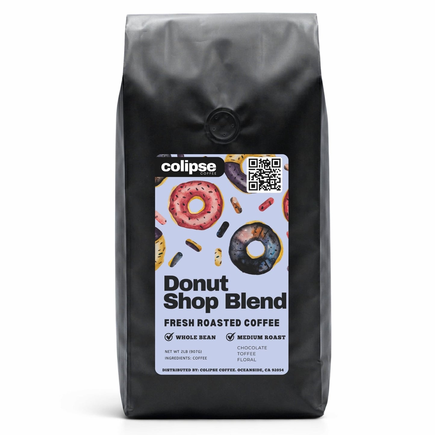 Coffee bag labeled 'Colipse Donut Shop Blend' on a white background