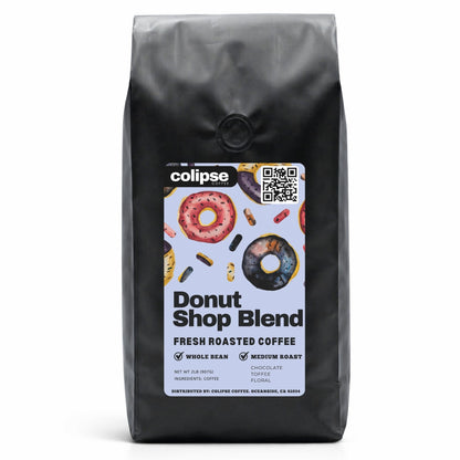 Coffee bag labeled 'Colipse Donut Shop Blend' on a white background