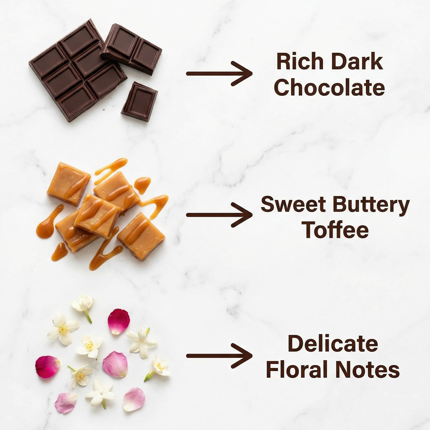 Chocolate, toffee, and flowers with text labels on a white background
