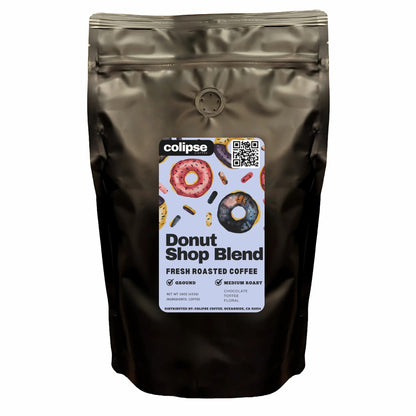 Coffee bag labeled 'Donut Shop Blend' with a Colipse logo on a white background