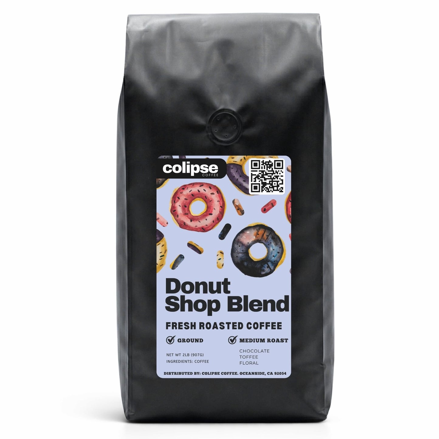 Black coffee bag with 'colipse' label featuring donut-themed design on a white background