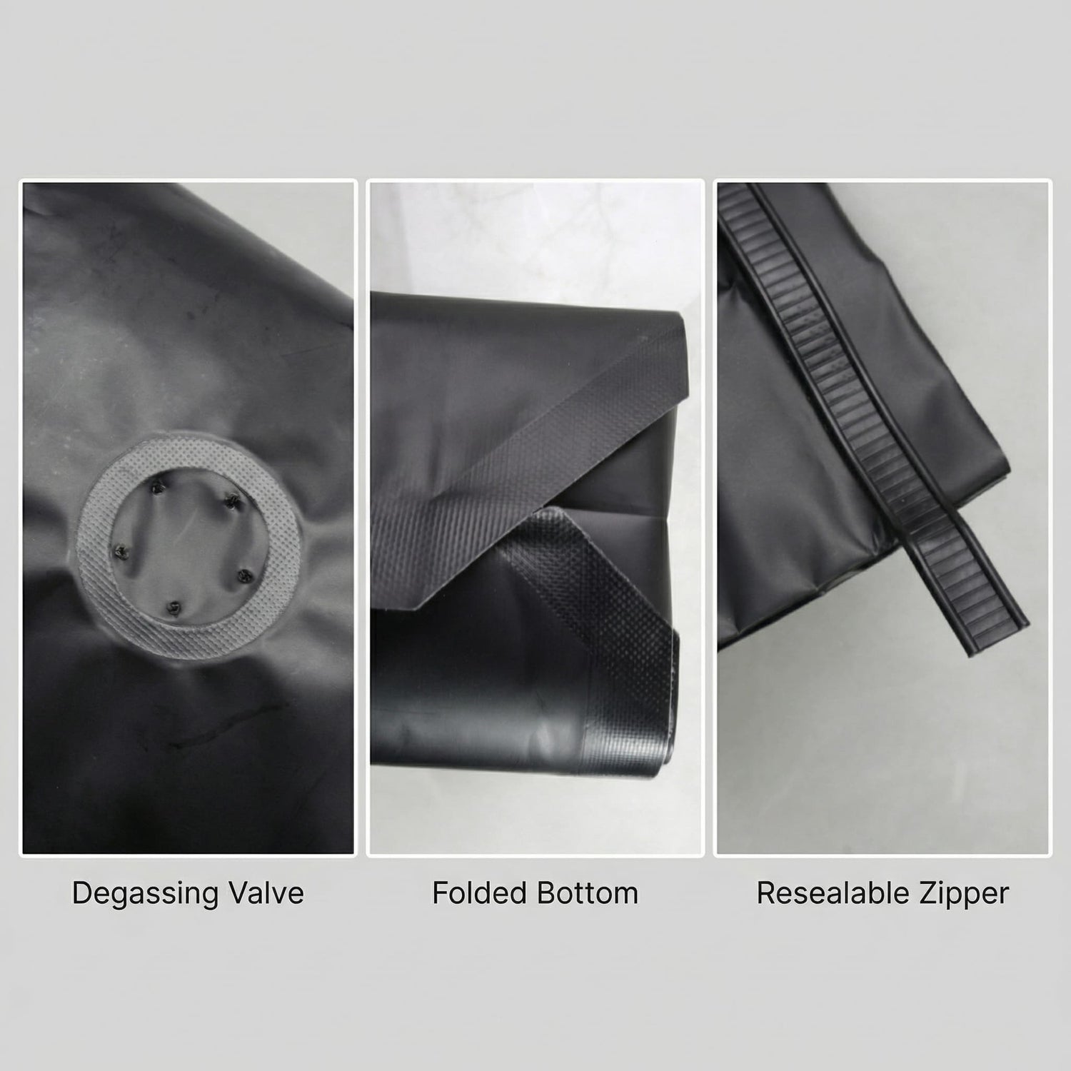 Collage of a black bag with degassing valve, folded bottom, and resealable zipper on a gray background.