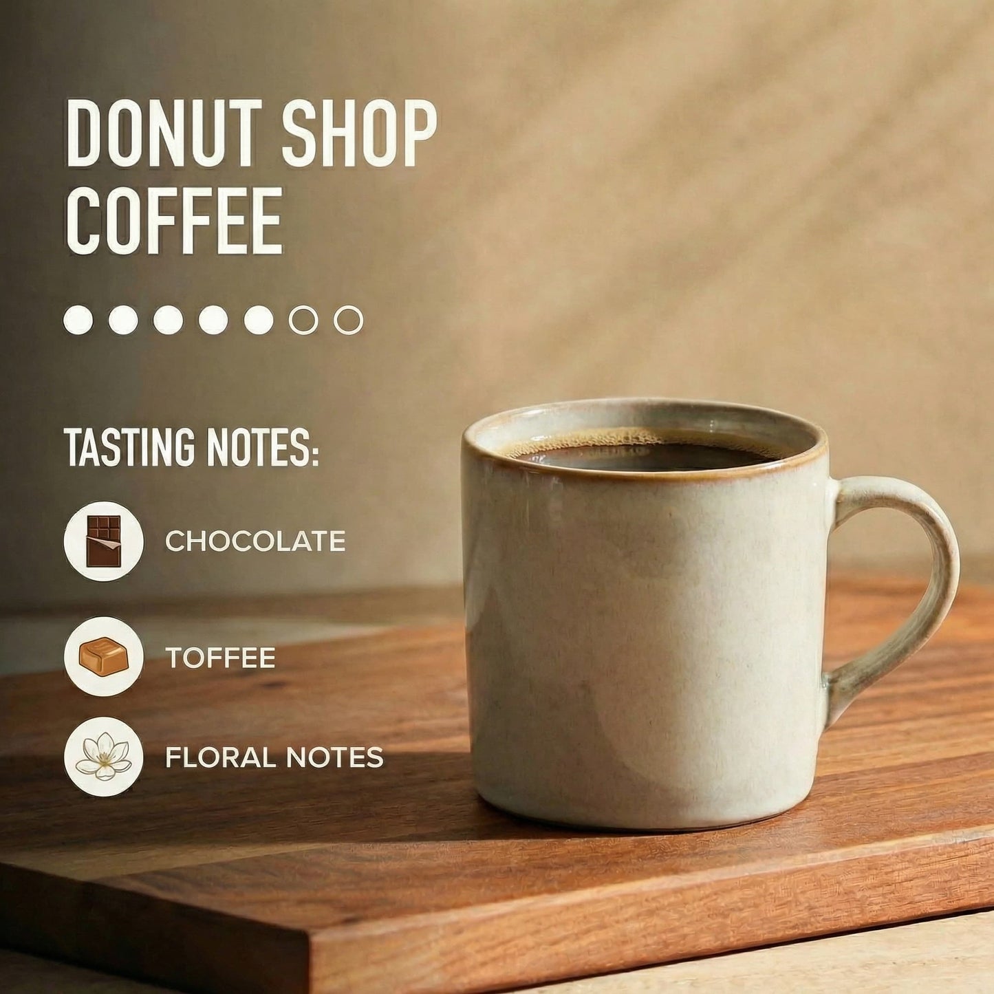 Coffee cup on a wooden surface with 'Donut Shop Coffee' branding and tasting notes.