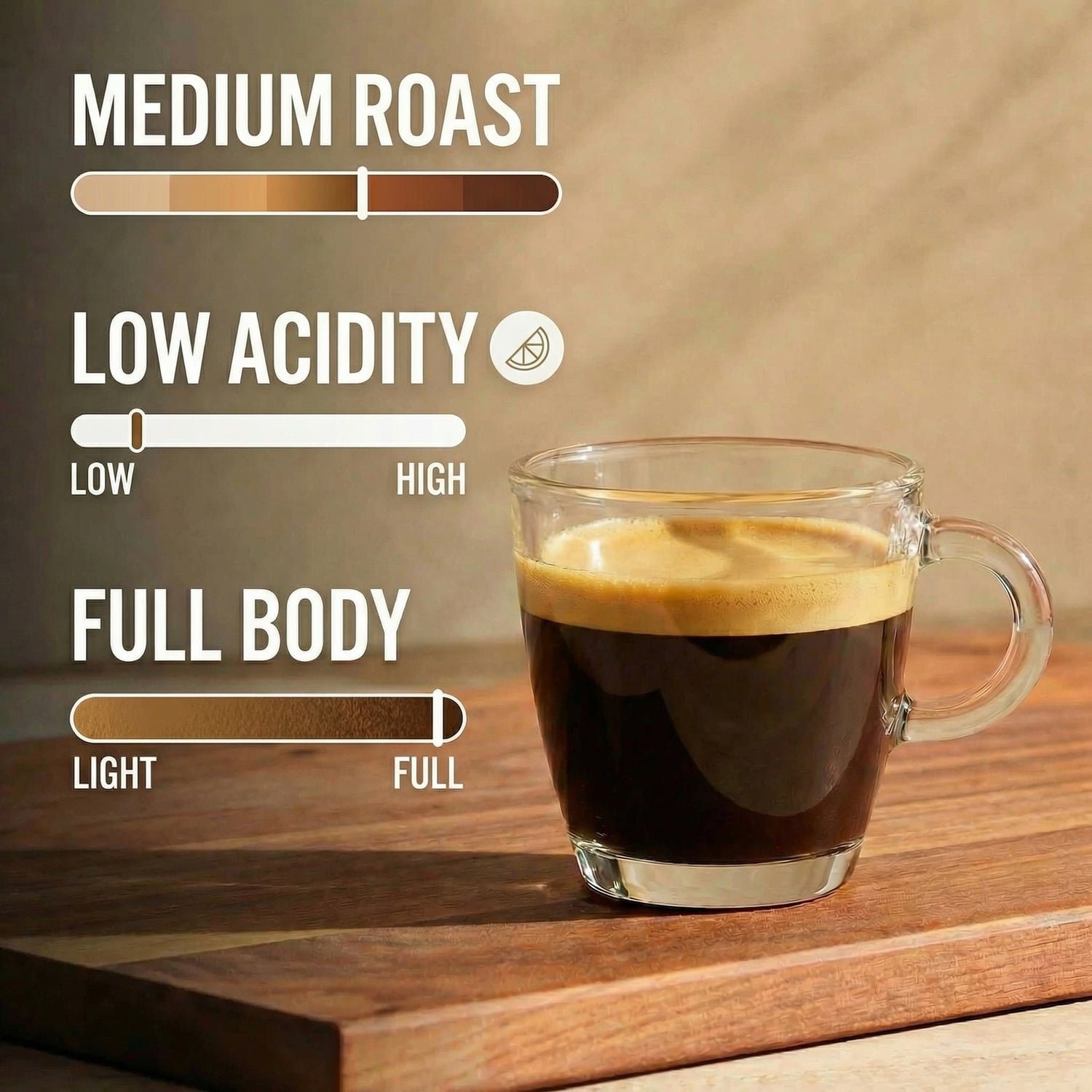 Glass of medium roast coffee with flavor profile text on a wooden surface