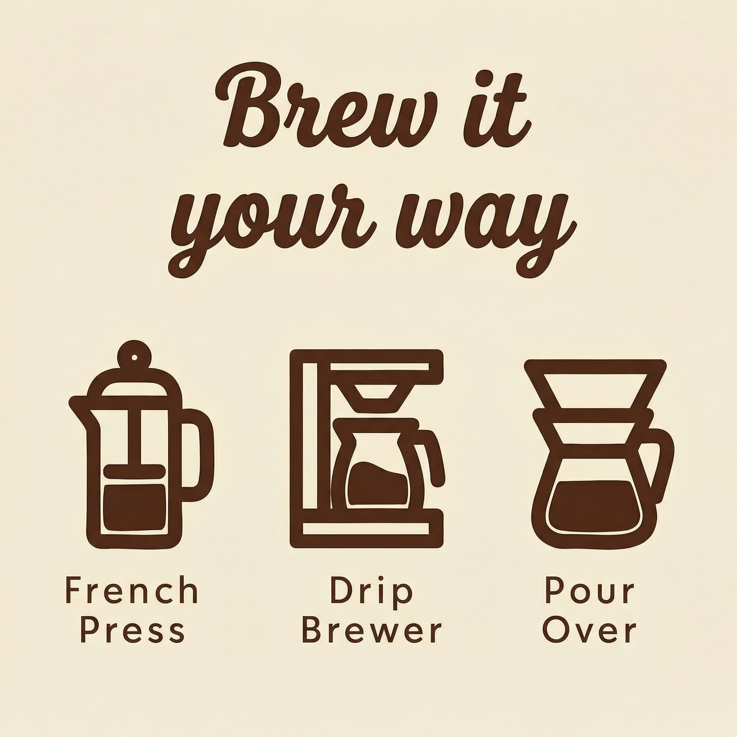Illustrations of coffee brewing methods with text 'Brew it your way' on a beige background.