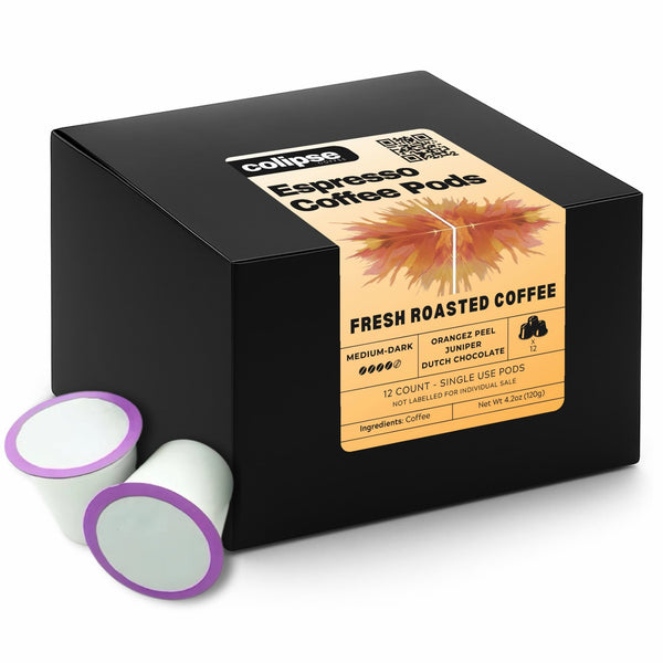 A black box labeled 'Colipse Espresso Coffee Pods' with a transparent window showing two single-serve espresso pods. The packaging indicates the coffee is fresh roasted with an exotic aroma, featuring organic, Grade 1 specialty coffee from Kintamani Highlands of Central Bali.