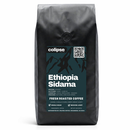Coffee bag labeled 'Ethiopia Sidama' by colipse on a white background