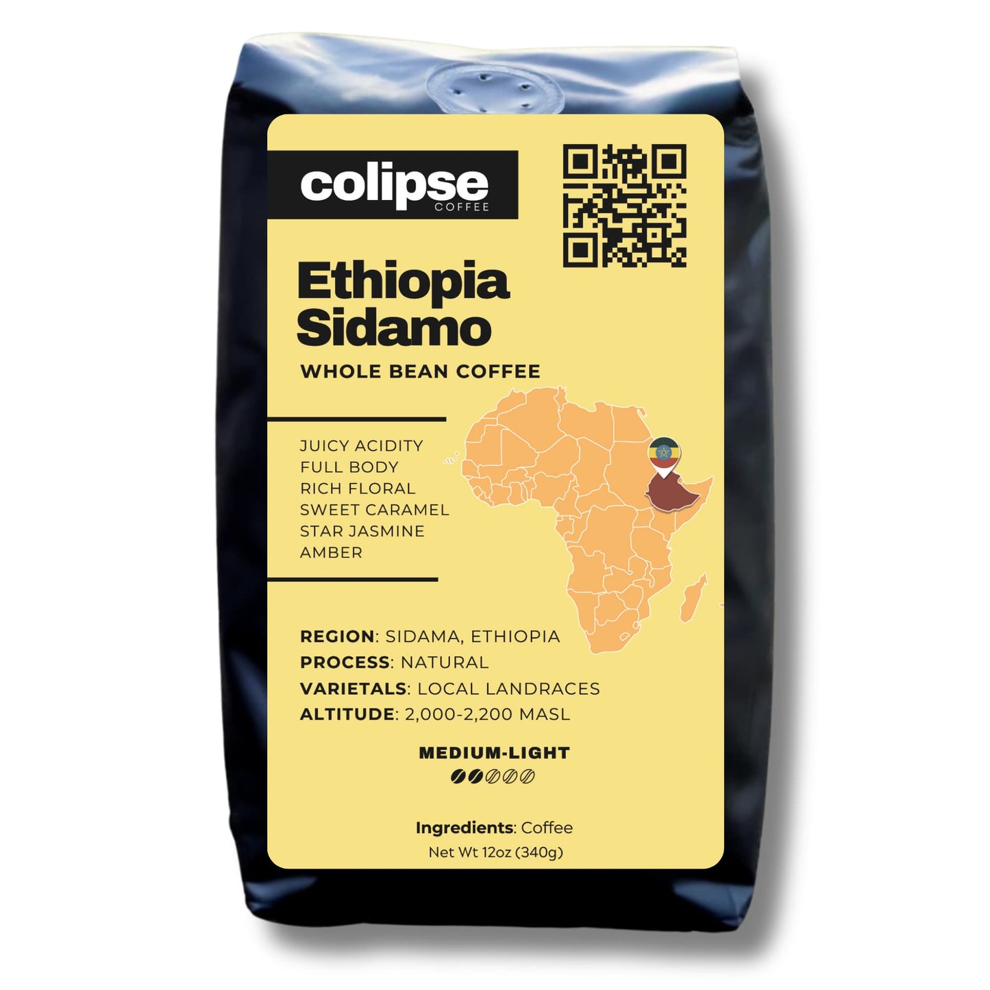 A bag of Colipse Ethiopia whole beans with floral and fruity aromas.