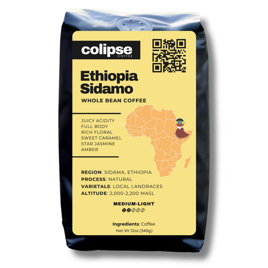 A bag of Colipse Ethiopia whole beans with floral and fruity aromas.