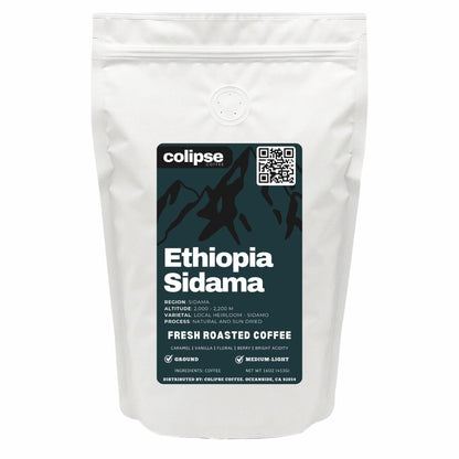 Coffee package with 'colipse' branding and 'Ethiopia Sidama' label on a white background