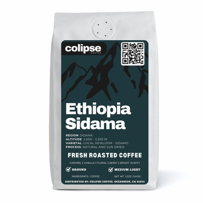 A bag of Colipse Ethiopia coffee grounds with floral and berry flavors.