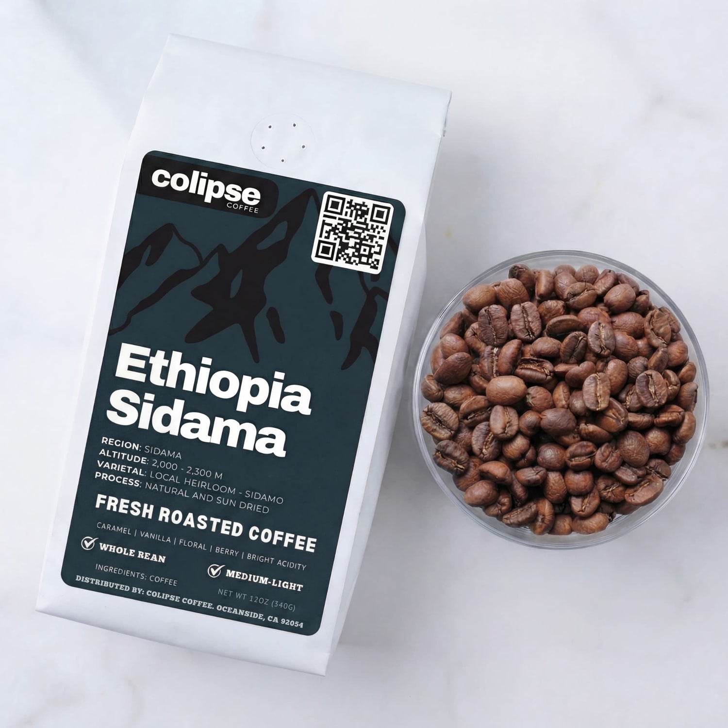 Colipse Ethiopia Sidama coffee packaging with a bowl of coffee beans on a white background