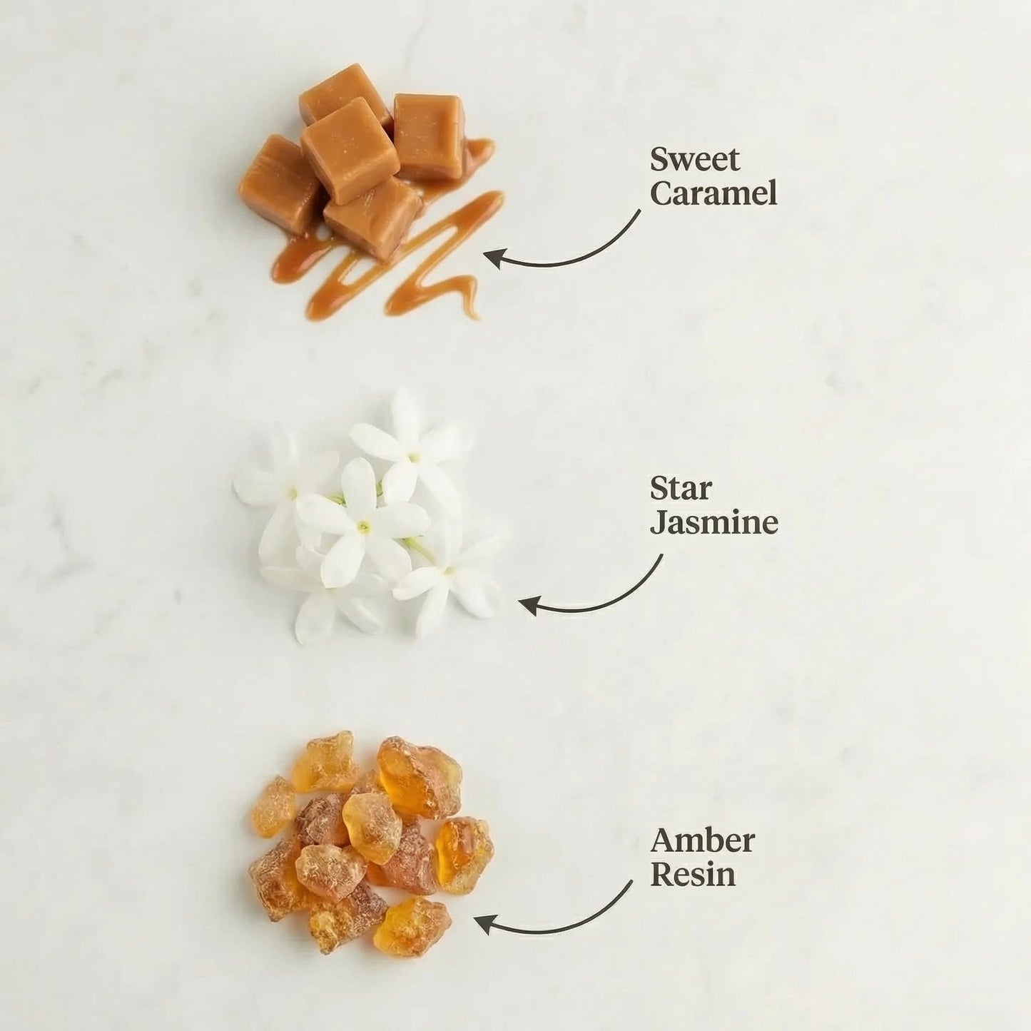 Three scents labeled 'Sweet Caramel', 'Star Jasmine', and 'Amber Resin' on a white background.
