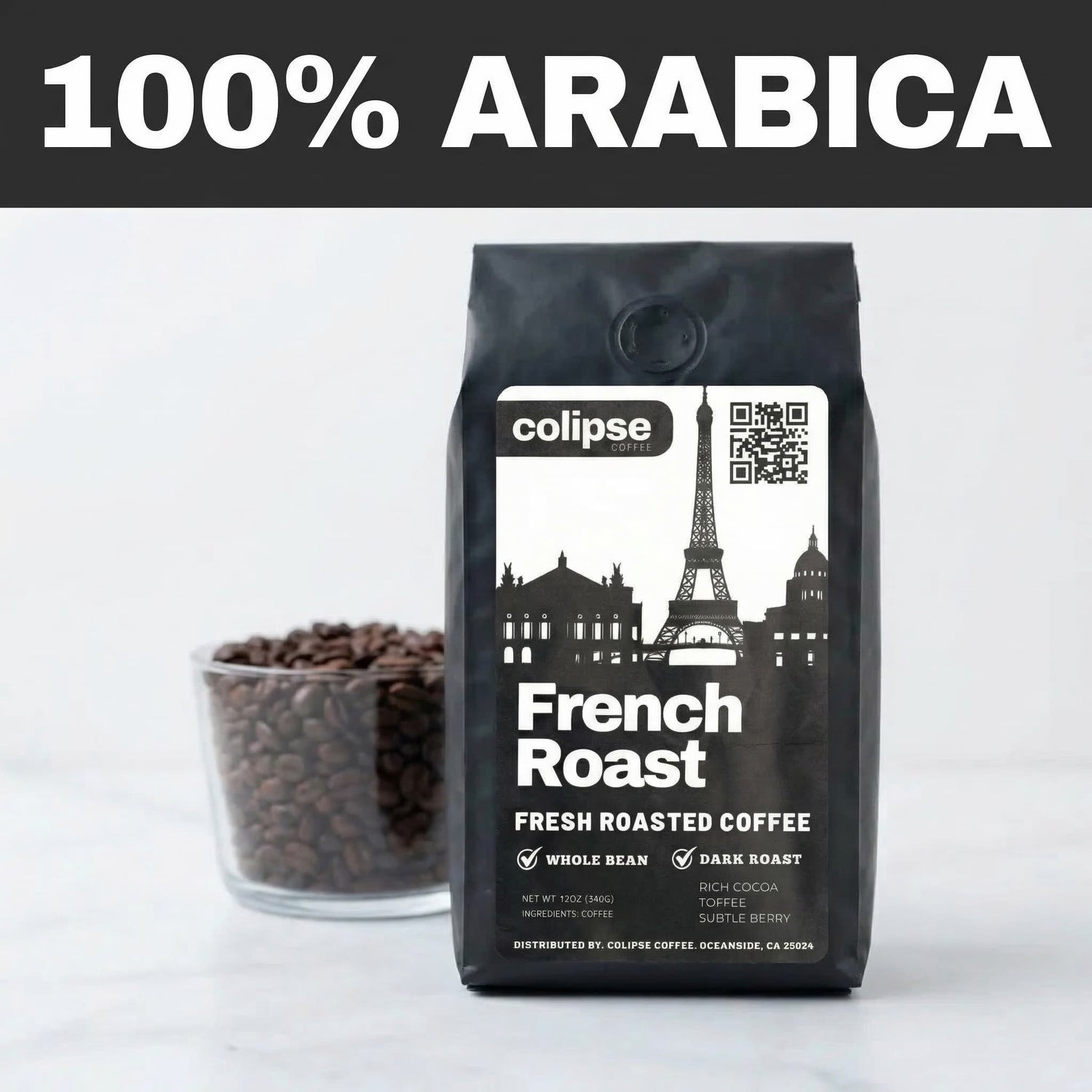 Colipse French Roast coffee bag with a bowl of coffee beans on a white background