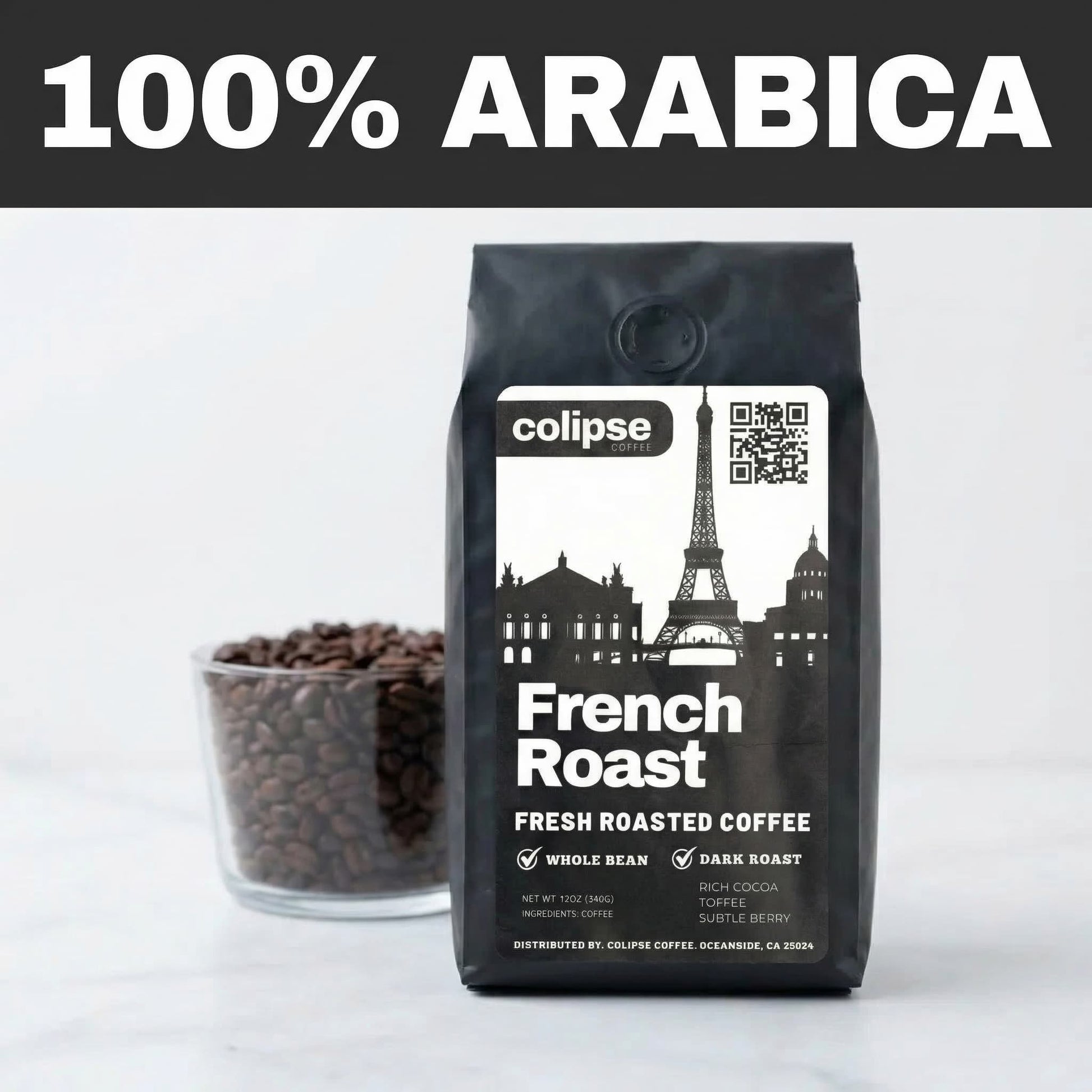 Colipse French Roast coffee bag with a bowl of coffee beans on a white background