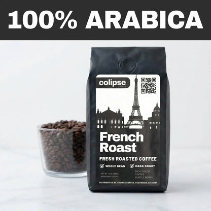 Colipse French Roast coffee bag with a bowl of coffee beans on a white background