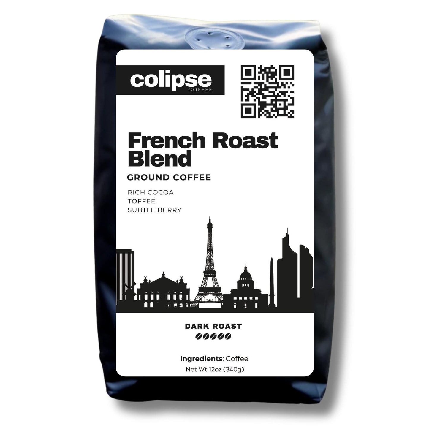 A bag of Colipse French Roast coffee grounds, dark and smoky.