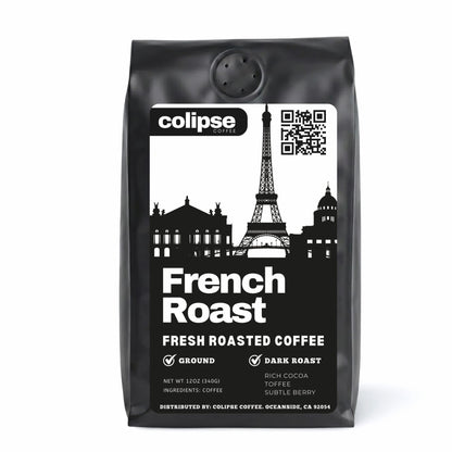 A bag of Colipse French Roast coffee grounds, dark and smoky.