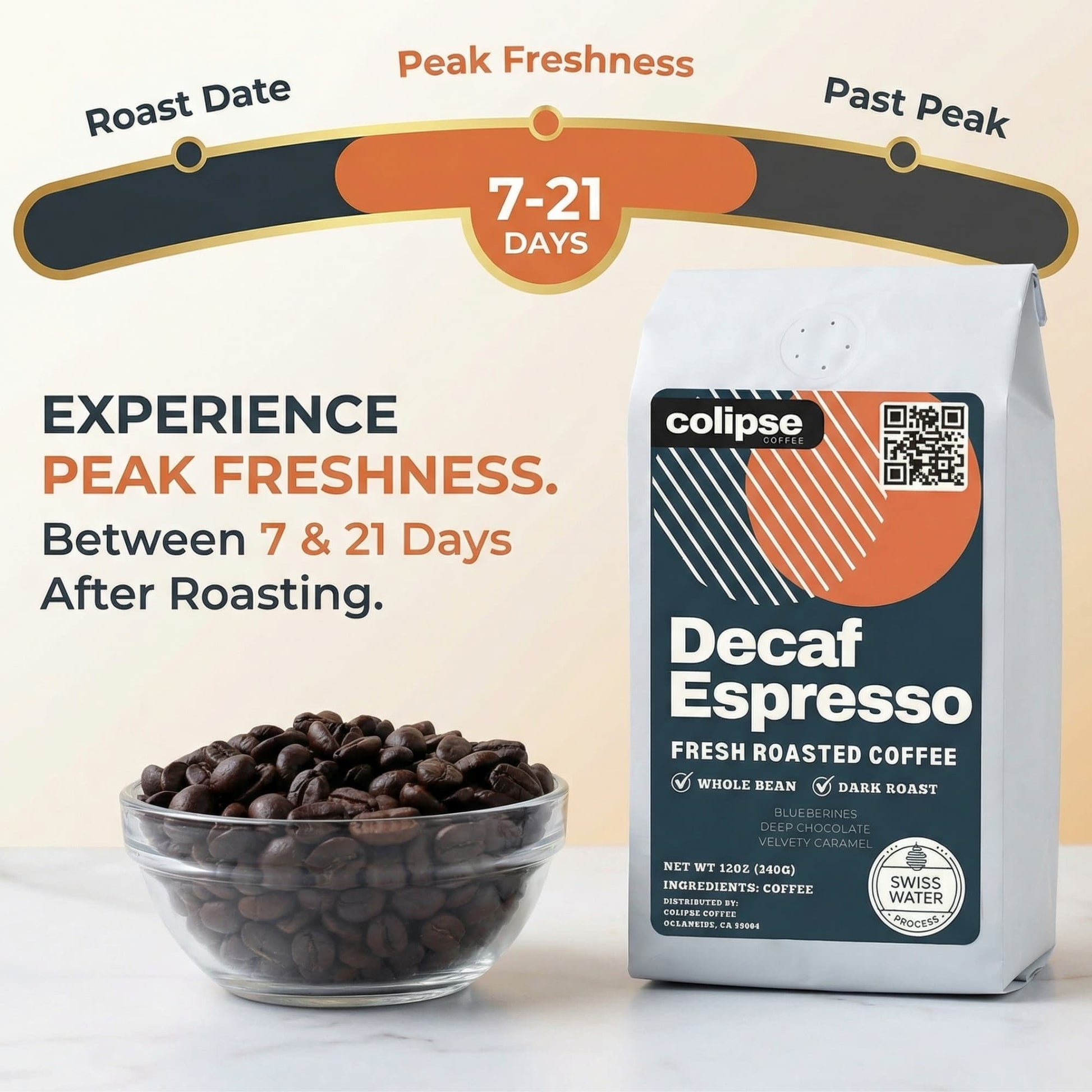 Decaf Espresso coffee package with roasted beans and freshness indicator on a light background