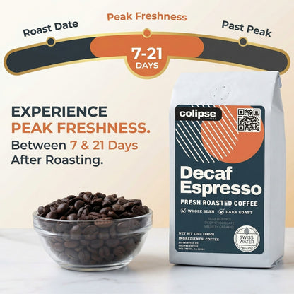Decaf Espresso coffee package with roasted beans and freshness indicator on a light background